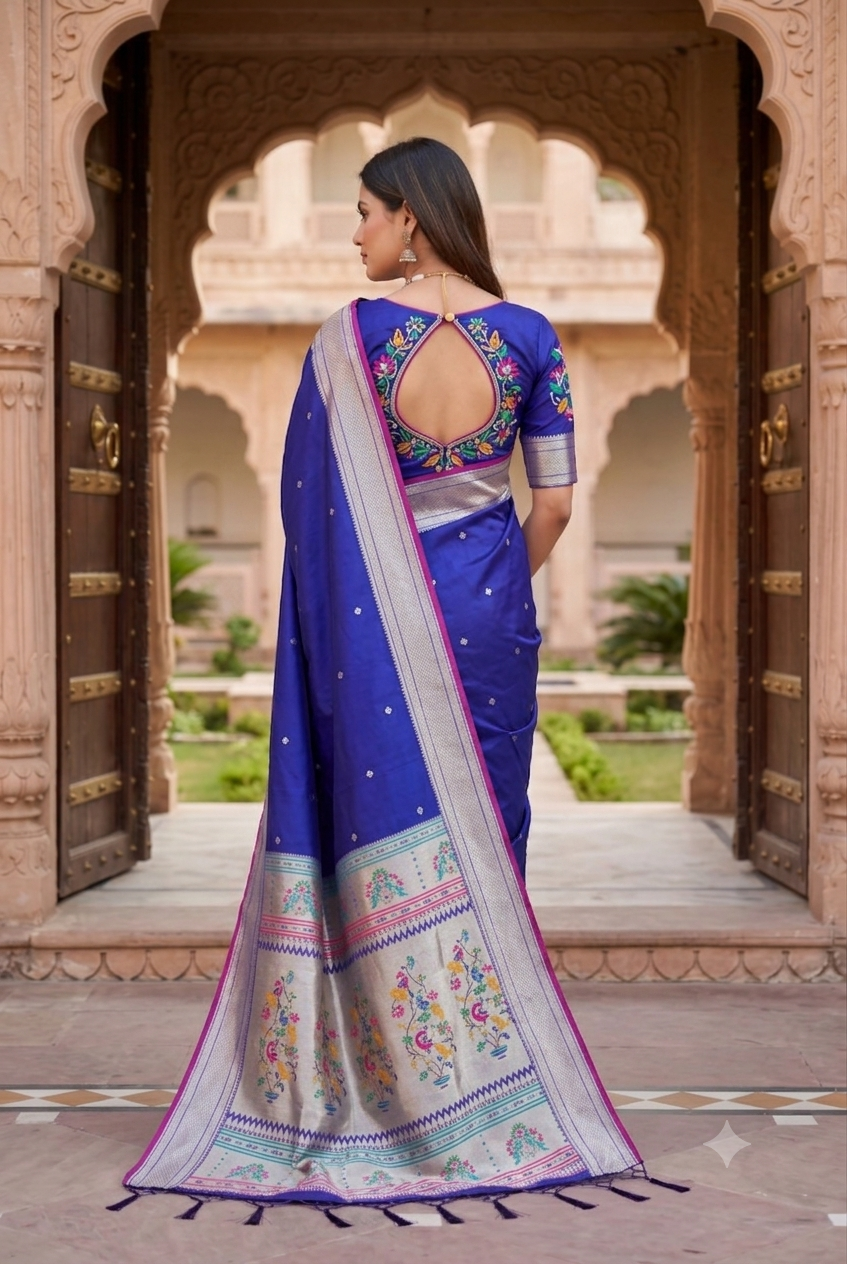 Navy Blue Paithani Silk Saree - PRU37623